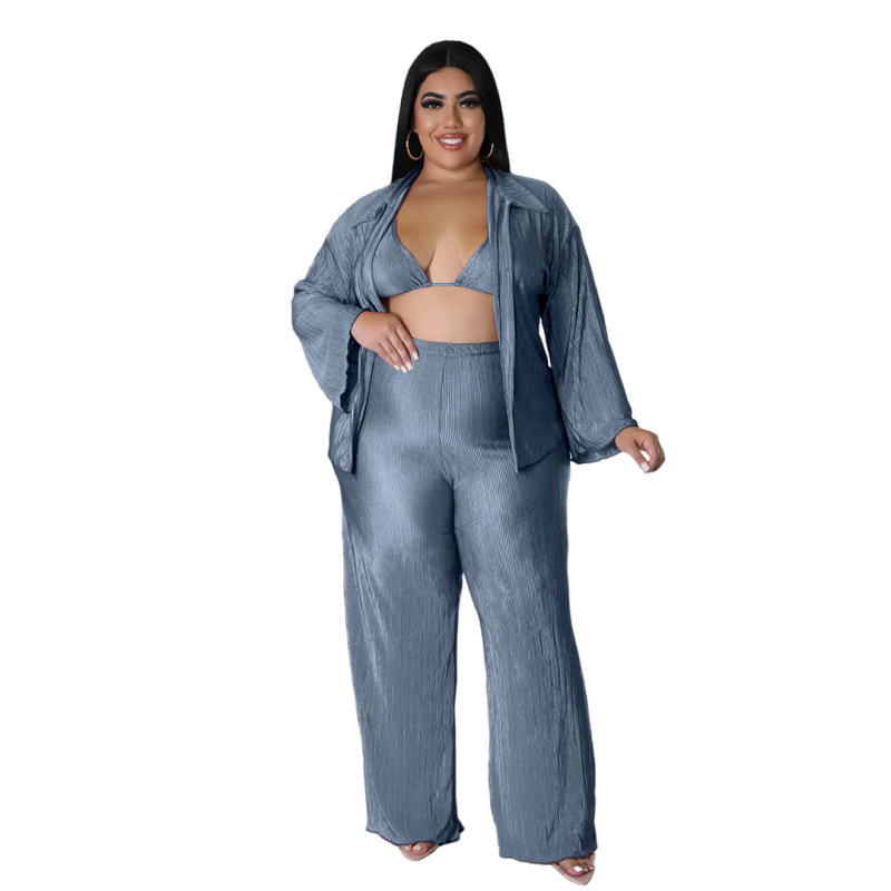 Plus Size Women Solid Color Lapel Long-Sleeved Top And Bra And Wide-Leg Pants Loose Casual Three-Piece Set