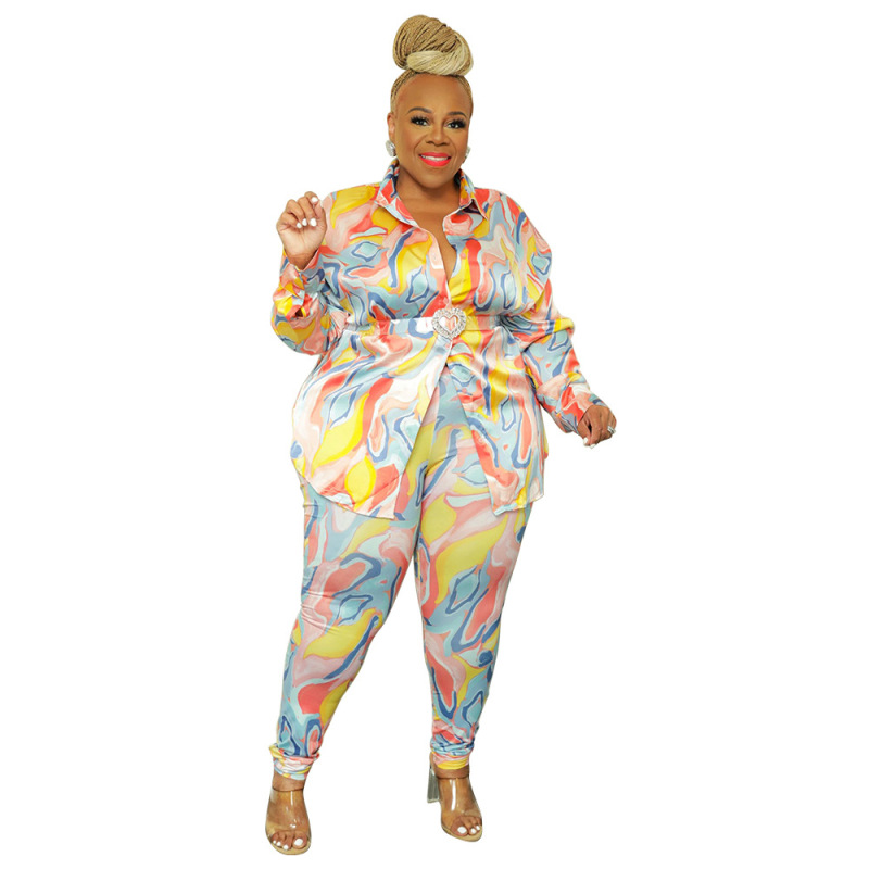 Plus Size Women Printed Satin Lapel Long Sleeve Button Top And Pants Casual Two-Piece Set