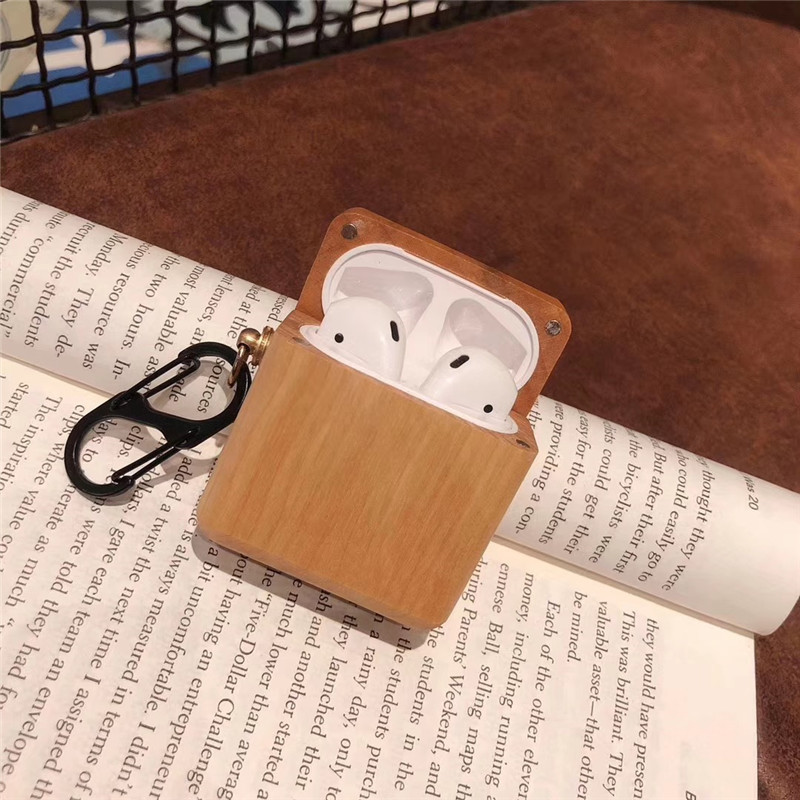 Simple Solid Wood With Hook Airpods Earphone Case