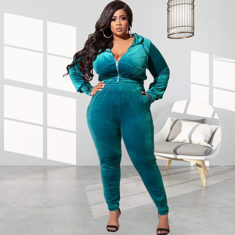 Plus Size Women Solid Color Hooded Long Sleeve Zipper Top And High Waist Pants Two-Piece Set