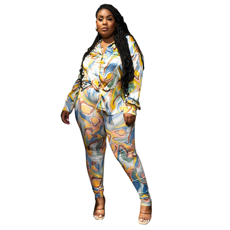 Plus Size Women Printed Satin Lapel Long Sleeve Button Top And Pants Casual Two-Piece Set