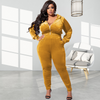 Plus Size Women Solid Color Hooded Long Sleeve Zipper Top And High Waist Pants Two-Piece Set