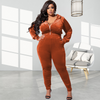 Plus Size Women Solid Color Hooded Long Sleeve Zipper Top And High Waist Pants Two-Piece Set