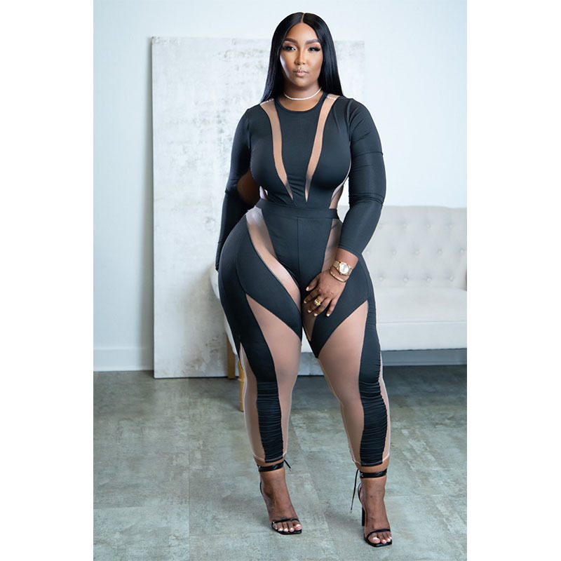 Plus Size Women Mesh Panel Round Neck Long Sleeve High Waist Slim Jumpsuit