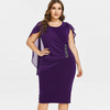 Women Plus Size Round Neck Short-Sleeved Chiffon Shawl Elegant Asymmetric Solid Midi Dress