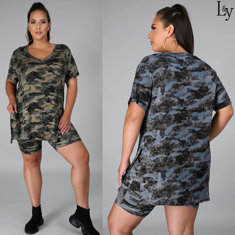 Women Plus Size Summer Printing Loose Casual Camouflage Shorts Two Piece Sets