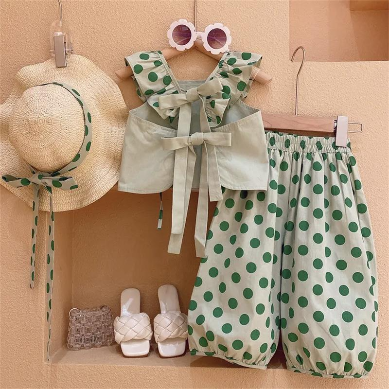 Children Kids Baby Fashion Girls Sleeveless Top And Polka Dot Print Pants Set