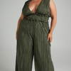 Plus Size Women Pleated Vest Sleeveless V-Neck Waist Wide-Leg Jumpsuit