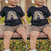 Toddlers Newborn Baby Fashion Girls Short Sleeve Rainbow Print T-Shirt And Leopard Print Short 2pcs Set