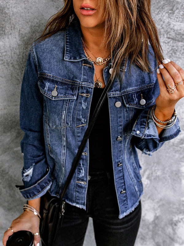 Women Fashion Ripped Raw Hem Slim Denim Jacket