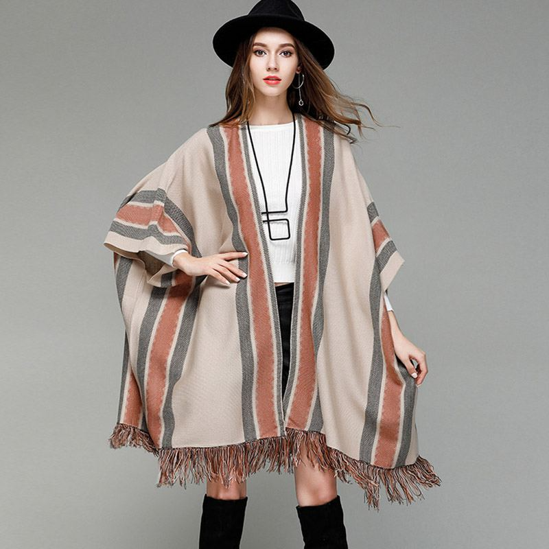 Bohemian Style Loose Pattern Vintage Stripes Print Knitted Cardigan With Tassel
