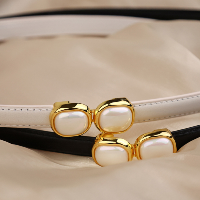 Women Fashion Simple Gold Edge Inlaid Pearl Round Buckle Belt