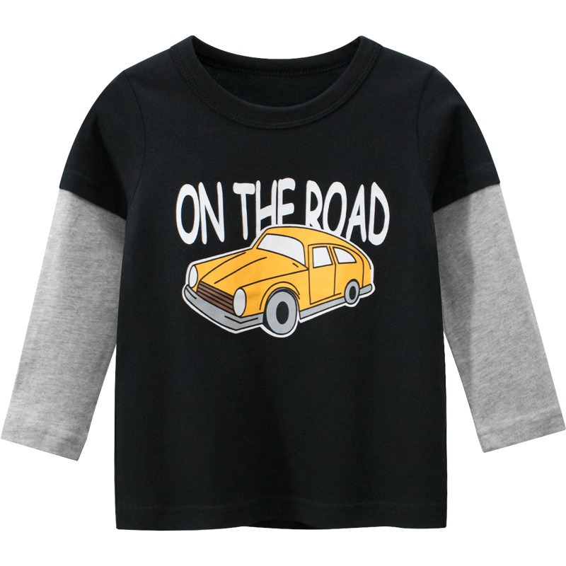 Boys Basic Cartoon Car Letter Round Neck Long-Sleeved Spliced T-Shirt