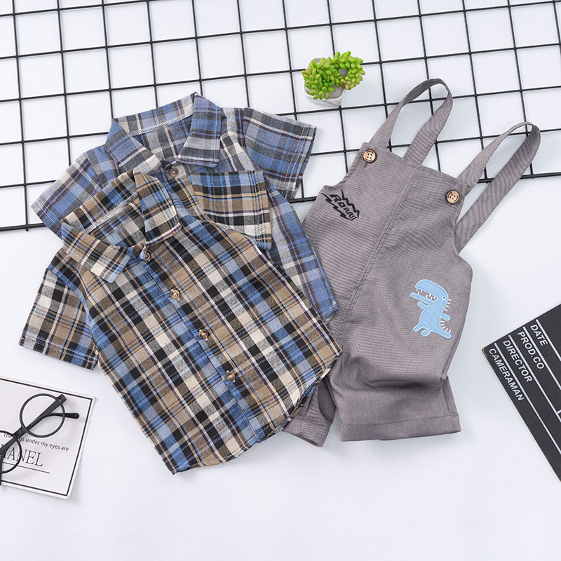 Children Kids Baby Fashion Boys Short Sleeve Plaid Shirt And Overalls 2pcs Set