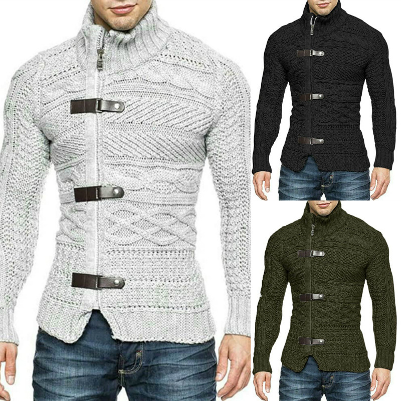 Men Fashion Leather Button Long Sleeve Knitted Cardigan