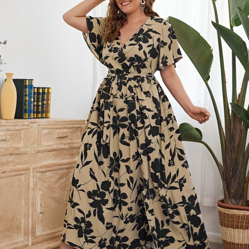 Women Plus Size Casual Floral Print V Neck Short Sleeve Loose Maxi Dress