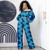 Plus Size Women Printed Boat Neck Long Sleeve Top And High Waisted Loose Pants Casual Two-Piece Set