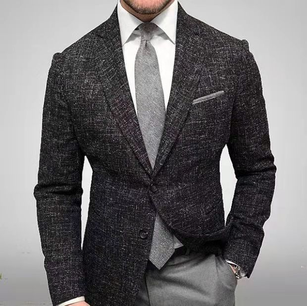 Men Fashion Business Solid Color Plaid Lapel Long Sleeve Single Row Two Button Slim Suit