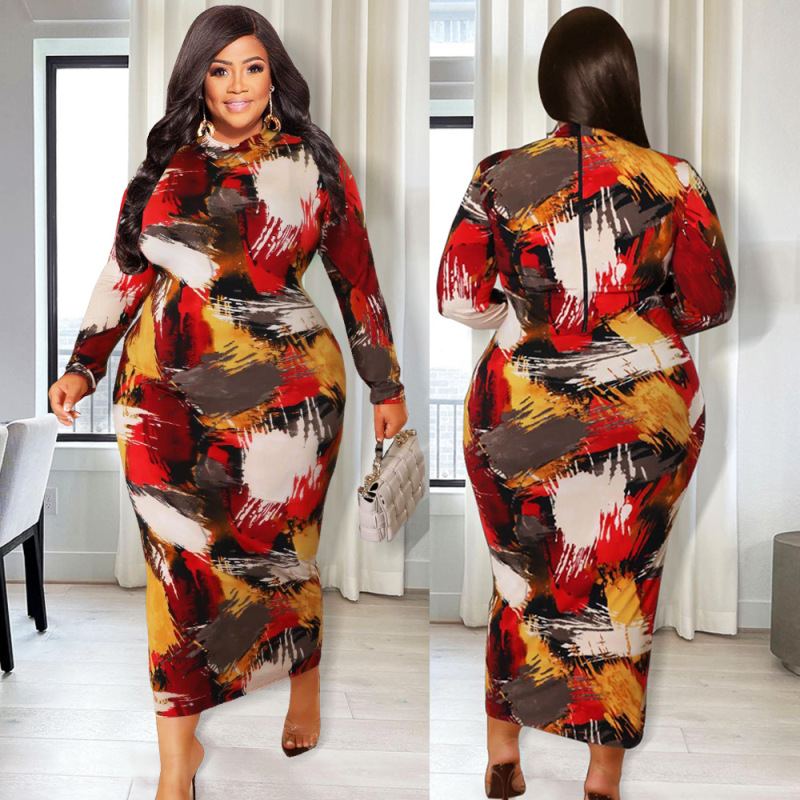 Autumn Winter Geometric Tie Dye Print Plus Size Women Zipper Maxi Long Sleeve Dress