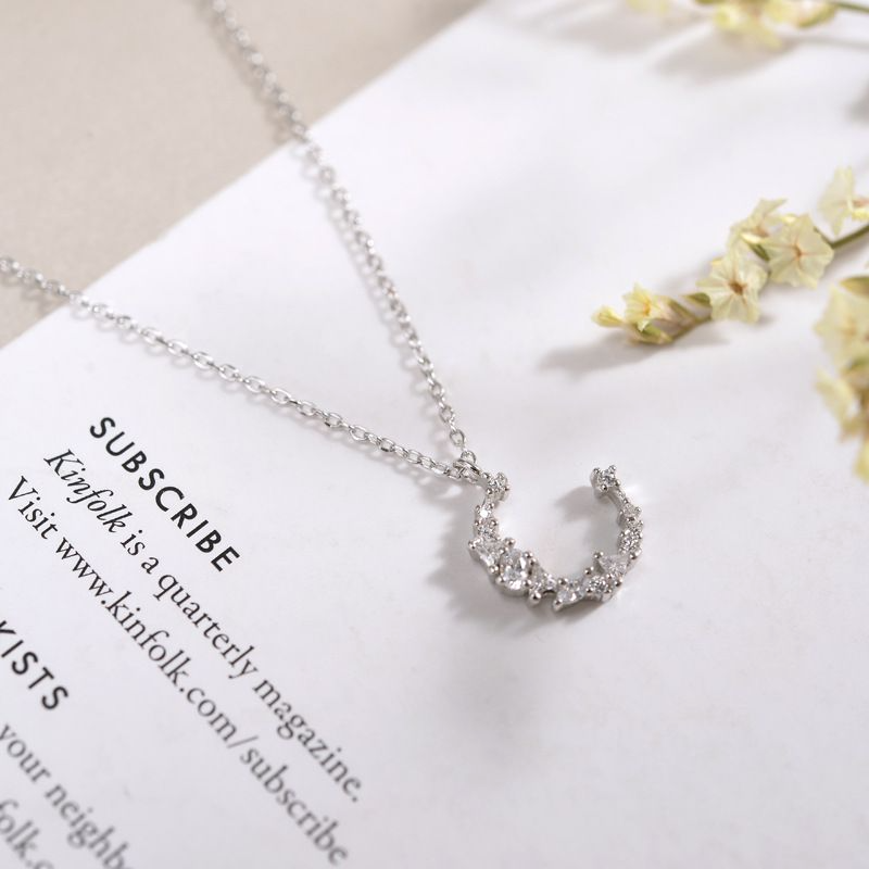 Irregular Moon Shaped Women Exquisite Zircon Decor 925 Silver Necklace