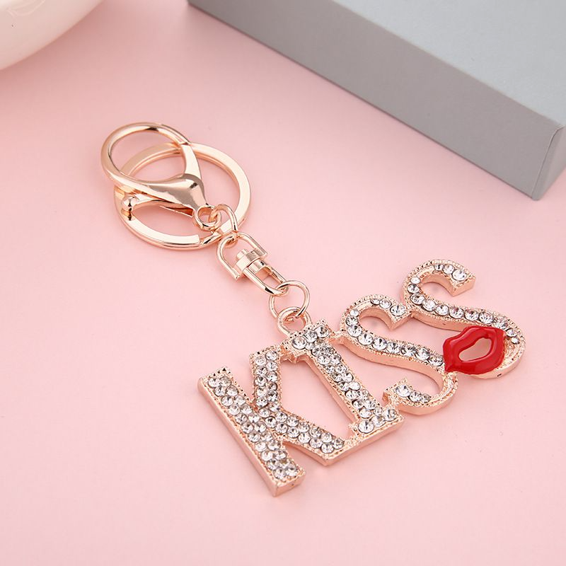 Women Romantic KISS Letters Pattern Rhinestone Decor Alloy Key Chain