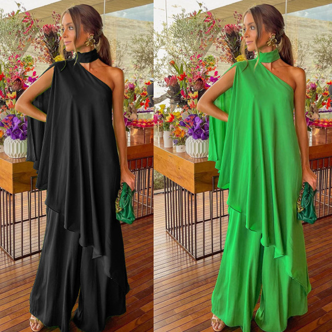 Fashion Women Irregular Sloping Shoulder Casual Loose Vacation Solid Color Blouse And Wide Leg Pants Two-Piece Set