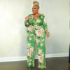 Plus Size Women Printed V-Neck Long-Sleeved Waist Fashion Wide-Leg Jumpsuit