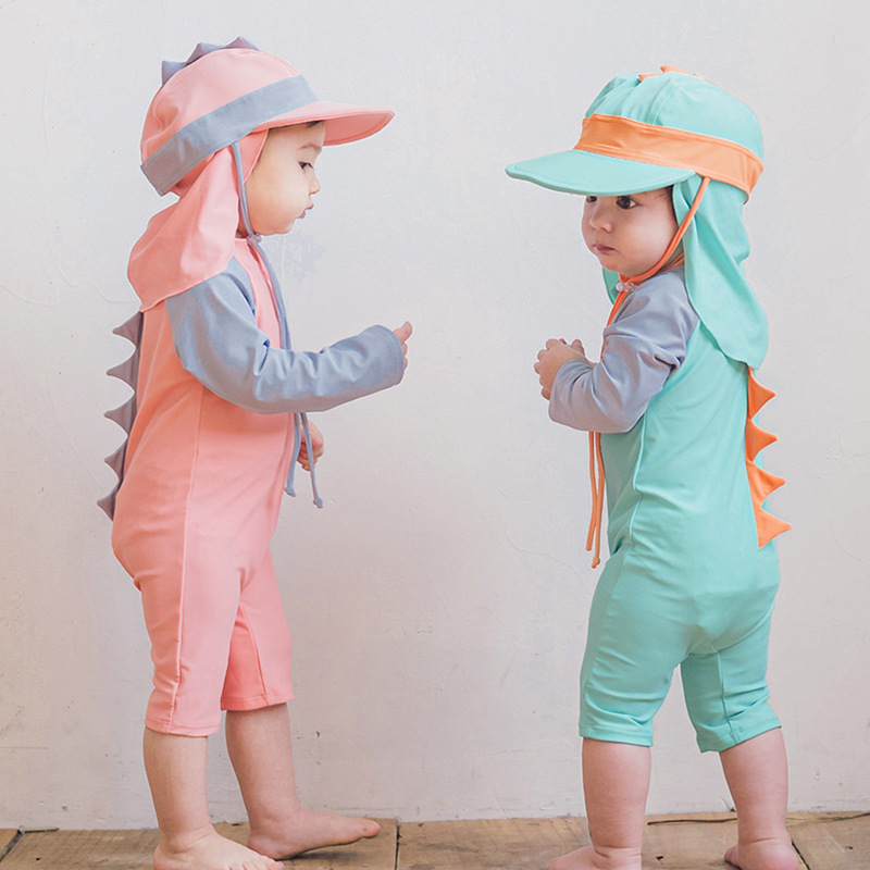 Kids Cute Cartoon Dinosaur Long Sleeve Swimwear With Cap