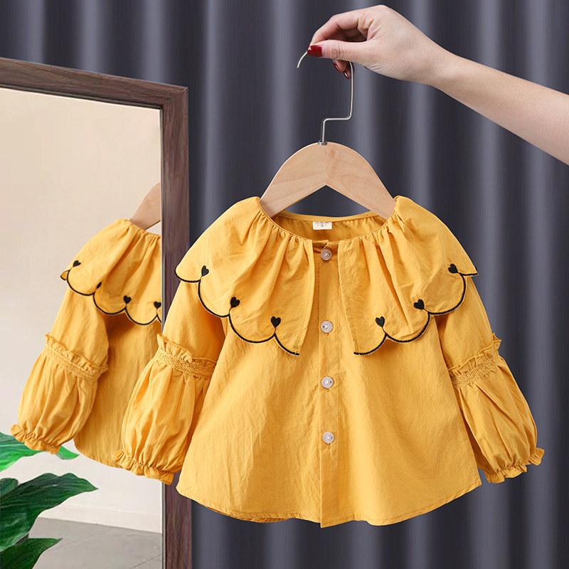 Children Kids Baby Fashion Girls Long Sleeve Peter Pan Collar Solid Color Blouse