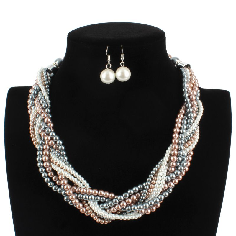 Exaggerated Multicolor Pearl Braided Design Women Party Necklace Set