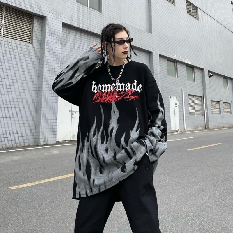 Men'S Fashion Letter Print Loose Round Neck Long Sleeve T-Shirt