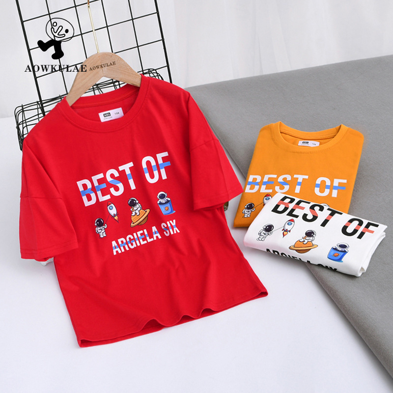 Kids Boys Casual Cartoon Spaceman Letter Pattern Round Neck Short Sleeve Breathable Loose T-Shirt