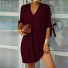 Women Summer Solid Color V-Neck Beaded Short-Sleeved Knotted Loose Dress