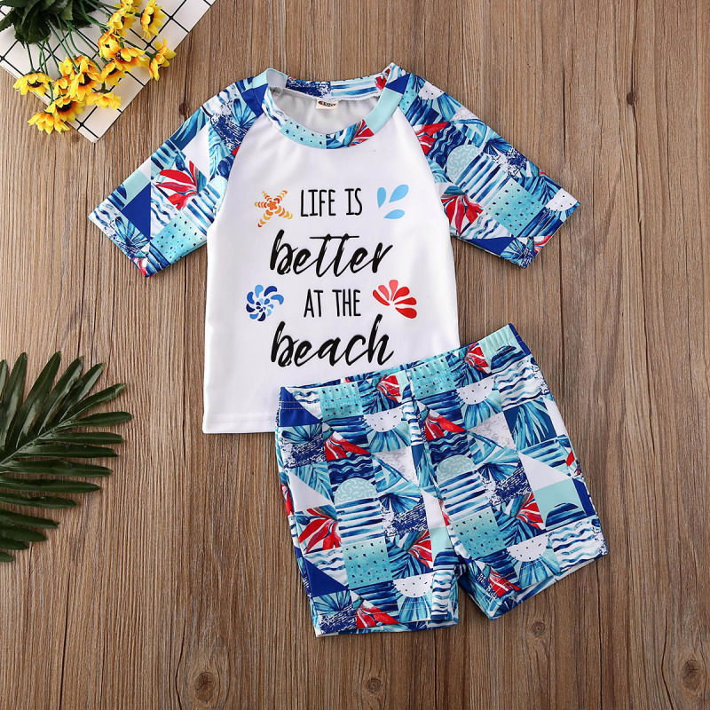 Children Kids Baby Fashion Boys Letter Print Short-Sleeved And Shorts Swimsuit 2pcs Set