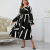 Fashion Women Casual Elegant Long Sleeved Black And White Printing Maxi Dress