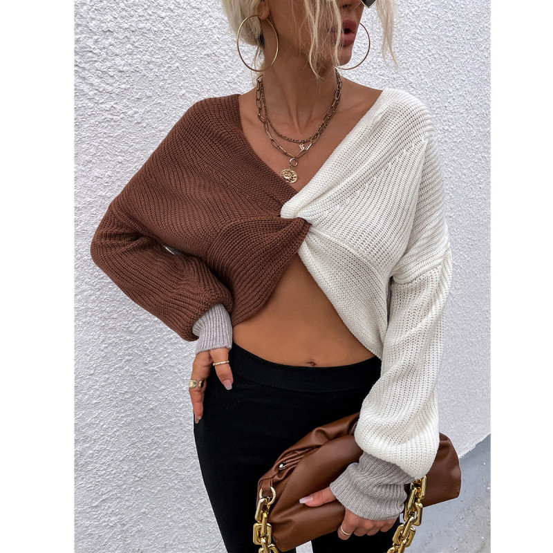 Women Autumn Winter Casual V Neck Long Sleeve Color Blocking Cropped Knitted Sweater