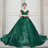 Women Elegant Vintage Off-The-Shoulder Sequins Sweep Length Wedding Evening Dress