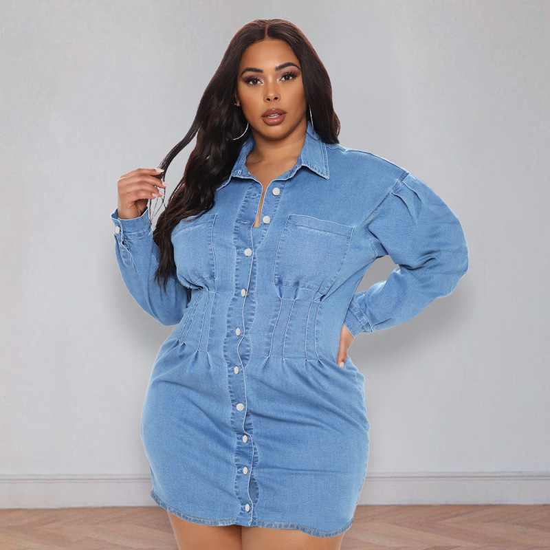 Plus Size Women Denim Solid Color Lapel Long Sleeve Button Pleated Waist Dress