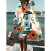 Women Fashion Casual Loose Lapel Mid-Length Floral Print Shirt Dress