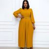 Women Solid Color Long-Sleeved Round Neck Waist Pleated Wide-Leg Jumpsuit