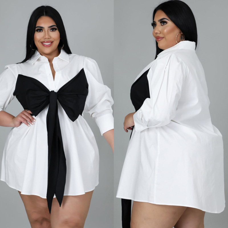 Plus Size Women Contrast Lace-Up Bow Neck Waist Lapel Long Sleeve Blouse Dress