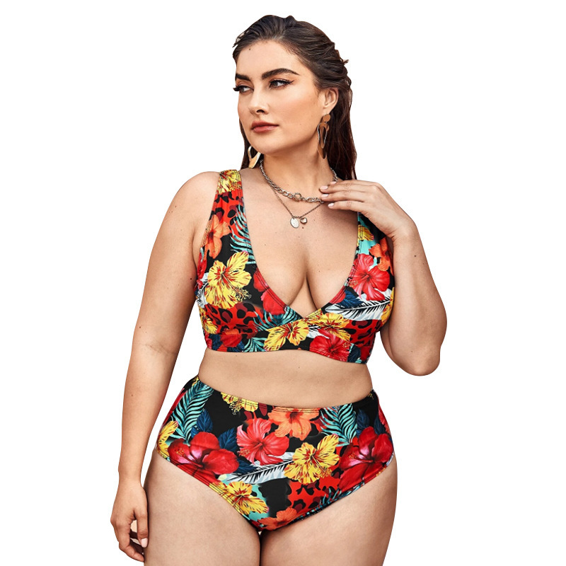 Sexy Large Size Split Bikini High Waist Wide Shoulder Straps Digital Printing Swimsuit Women