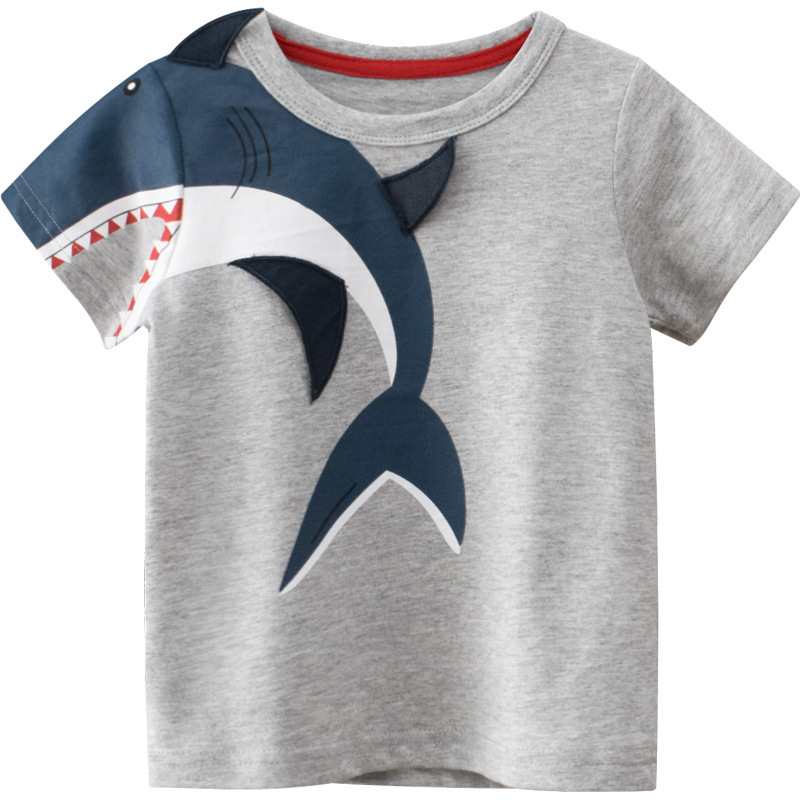 Boys Basic Round Neck Short-Sleeved Cartoon Shark T-Shirt