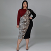 Plus Size Women'S Leopard Print Color Blocking Long Sleeve Midi Dress