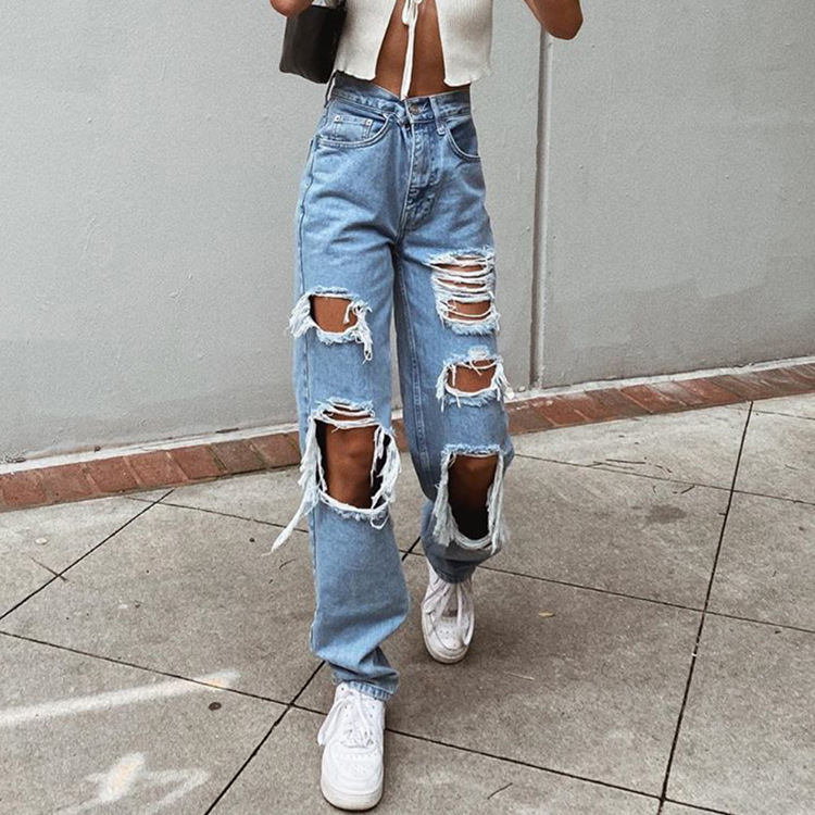 Women Denim High Waist Ripped Loose Casual Fashion Jeans