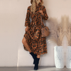 Fashion Women Long Sleeve Leopard Tie Mid Length Dress