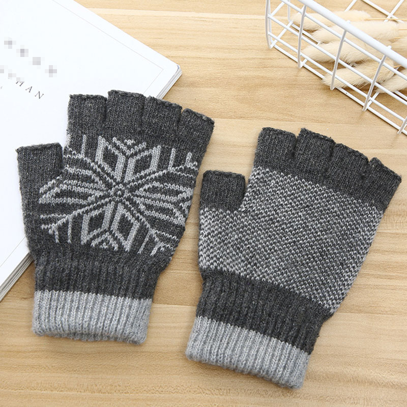 Men Winter Snowflake Pattern Warm Fingerless Knit Gloves