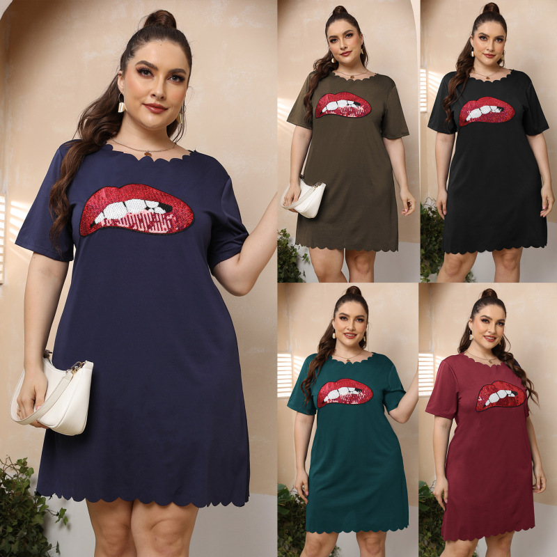 Plus Size Women Casual Sequin Lips Pattern Wavy Hem Short Sleeve Basic Dress