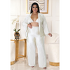 Plus Size Women Solid Color Lapel Long-Sleeved Top And Bra And Wide-Leg Pants Loose Casual Three-Piece Set