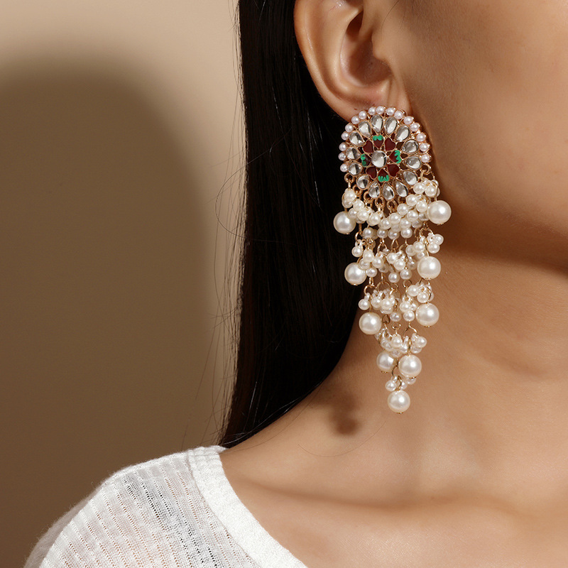 Women Fashion Retro Boho Diamond Pearl Tassel Earrings